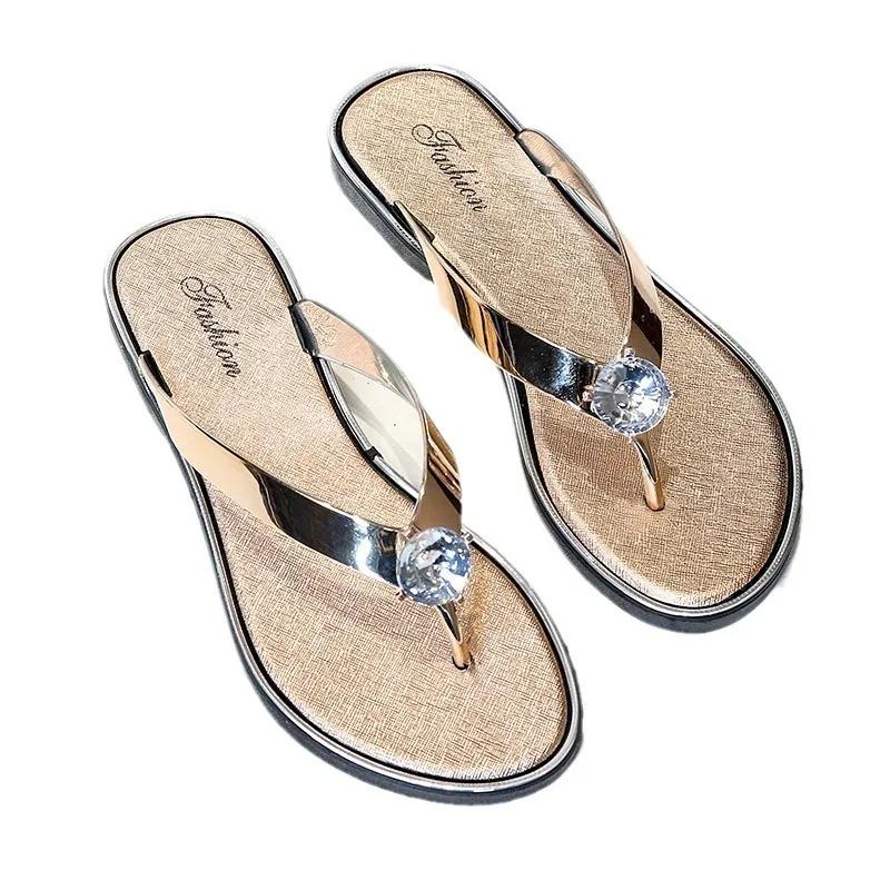 Fashion Women's Silver Biscuit Beach Sandals Flip Flops Floral Hollow Crystal Clip Parker Gold Strap Sandals