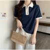 Women's Navy Blue Contrast Collar Half-Zip Polo Shirt Short Sleeve Slim Fit Casual Top