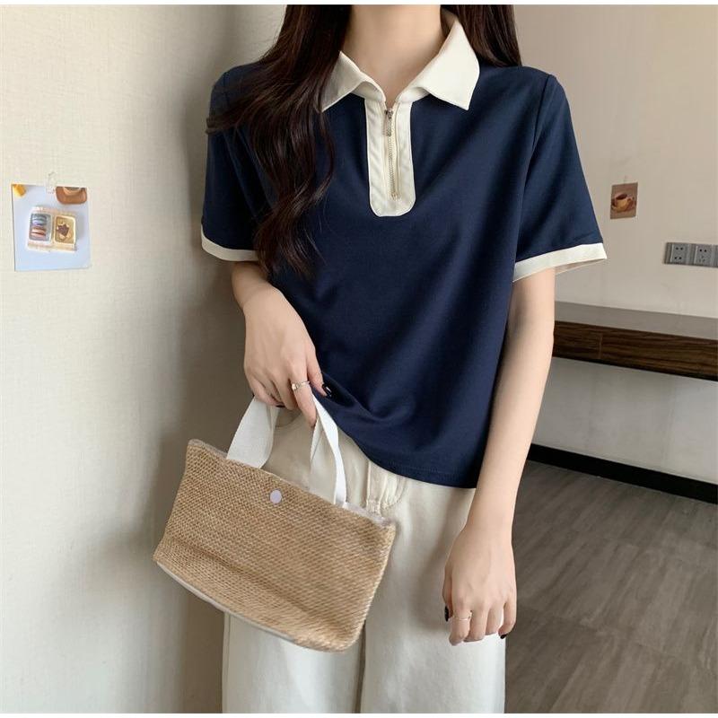 Women's Navy Blue Contrast Collar Half-Zip Polo Shirt Short Sleeve Slim Fit Casual Top