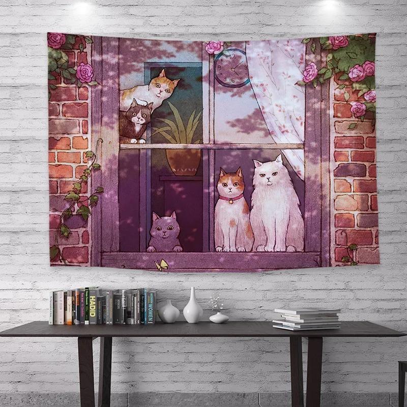 Cute Cat Print Background Cloth Office Living Room Tapestry Home Wall Decoration Tapestry