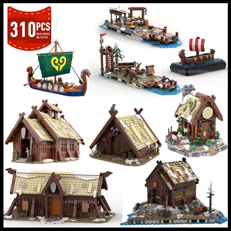 MOC Vikinged House Village Farm Ship Model Building Blocks Set Medieval Military Architecture Aldult Ideas Set Bricks Toy Gifts