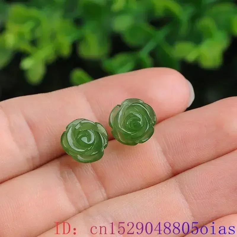 Green Natural Real Jade Rose Earrings Ear Studs Vintage Gemstone Jewelry Talismans Energy Amulet Luxury Gifts for Women Girl
