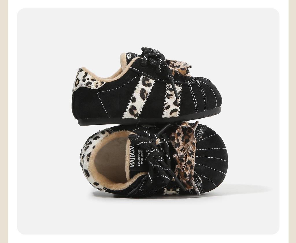 2025 Winter Leopard Print Retro Cotton Baby Shoes - Velvet Lined, Warm, Versatile, Casual German Training Design
