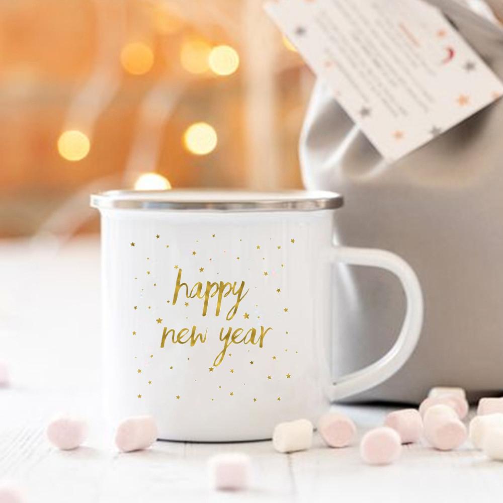Happy New Year Print Mugs Enamel Coffee Cups Handle Hot Cocoa Chocolate Cup Children Breakfast Milk Mug Holiday Gift for Family