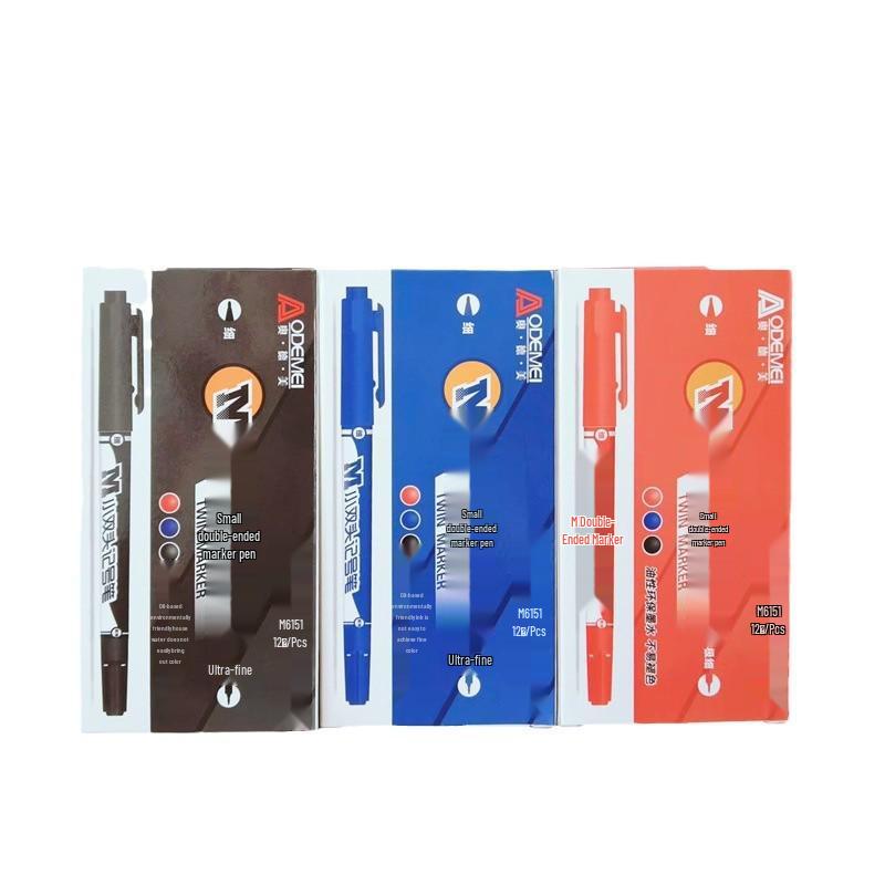 12-Piece Set: Small Double-Ended Oil-Based Marker Pens in Black, Red, and Blue for Student Art and Marking