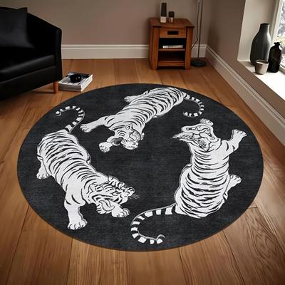 1Pcs Tiger Print Round Area Rug Indoor Non-Slip Washable Fiber Carpet Soft Comfortable Mat For Bedroom Living Room