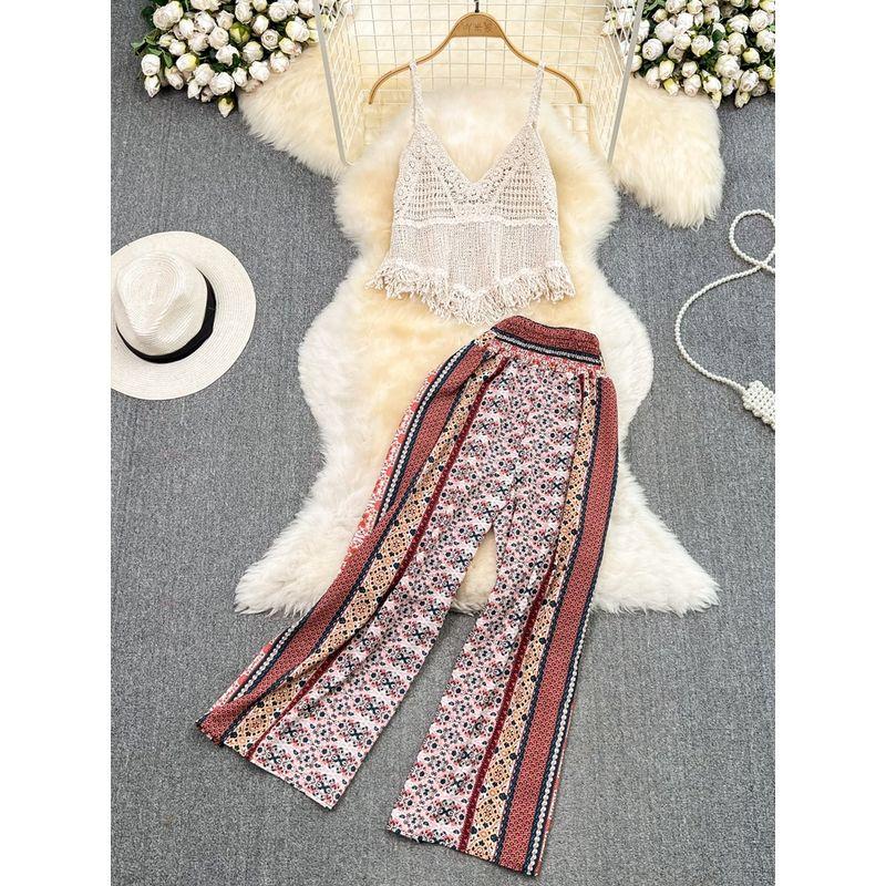 Seaside Tassel High Waist Slim Looking Chiffon Fashion Suit