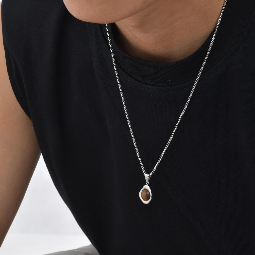 Accessories Men'S Stainless Steel All-Light Irregular Natural Tiger'S Eye Stone Agate Stone Pendant Necklace Pn-2189