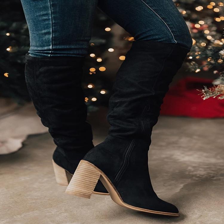 Women's Suede Thick Heel Chelsea Boots - Autumn/Winter, Long, Large Size, Pointed Toe, Side Zipper, Solid Color