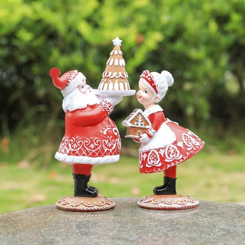 Gingerbreads Santa Couple Resins Figurine Statue Christmas Tabletop Ornament for Seasonal Home Book Shelves Decoration