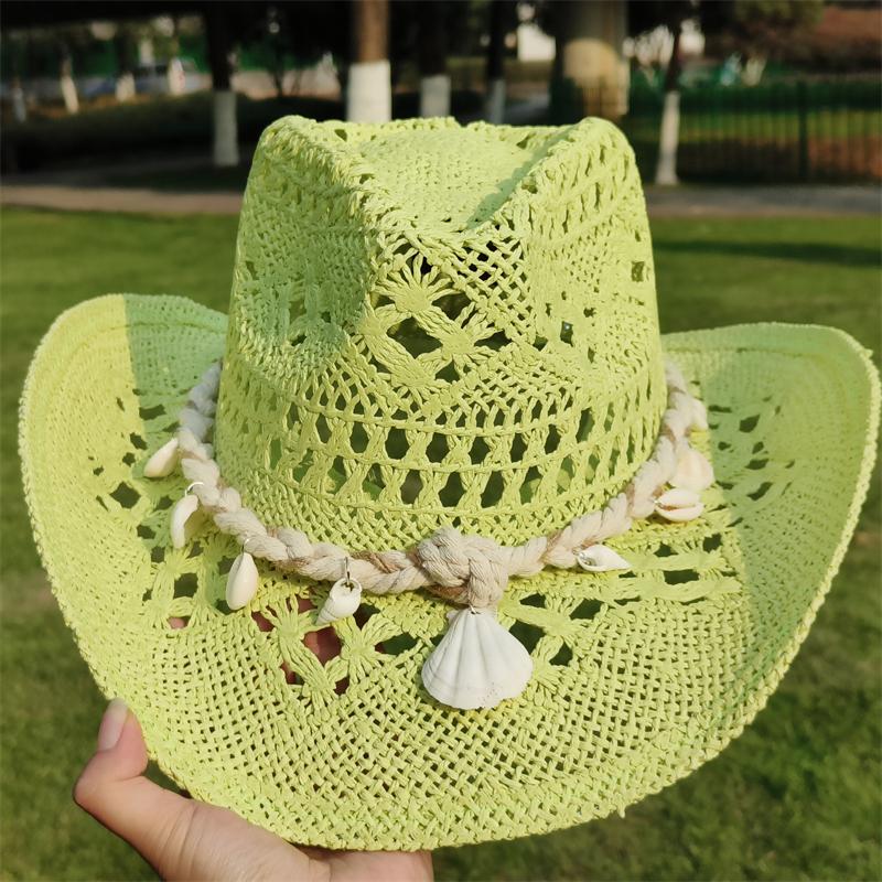 Cowboy Straw Hat for Women Fashion Seashell Straw Cowboy Hat Beach Summer Cowboy Sunshade Jazz Hat Sombrero Vaquero Hombre