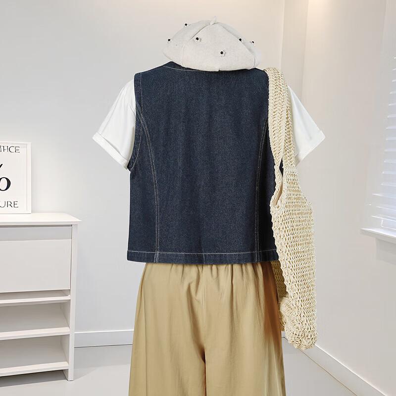 Women's Academy Style Round Neck Denim Vest