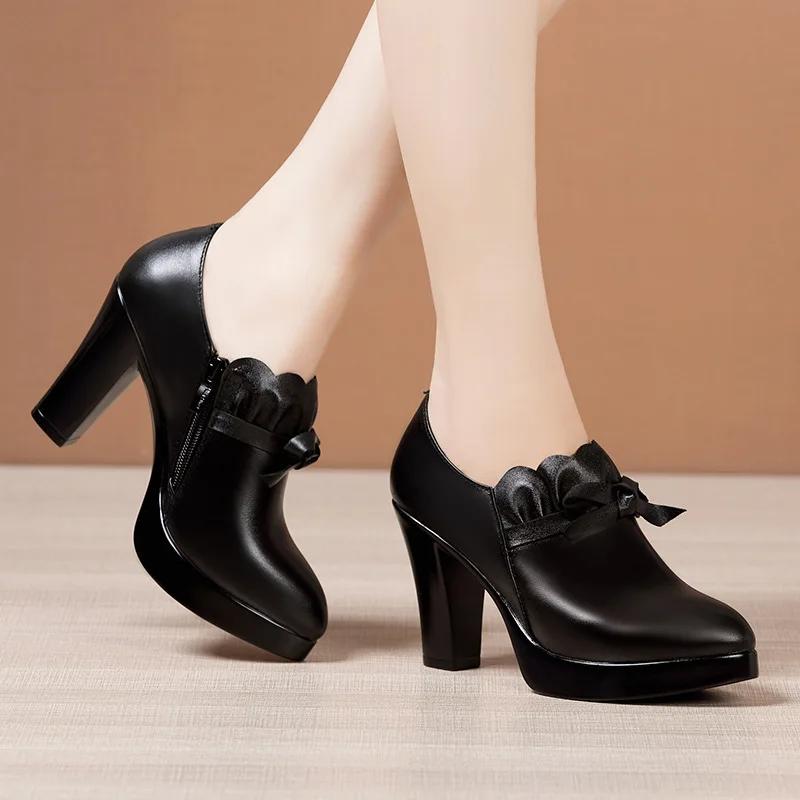 9cm 11cm Small Size 32-43 Elegant Black Bow Block High Heels Shoes for Office Model 2025 Thick Bottom Deep Mouth Platform Pumps