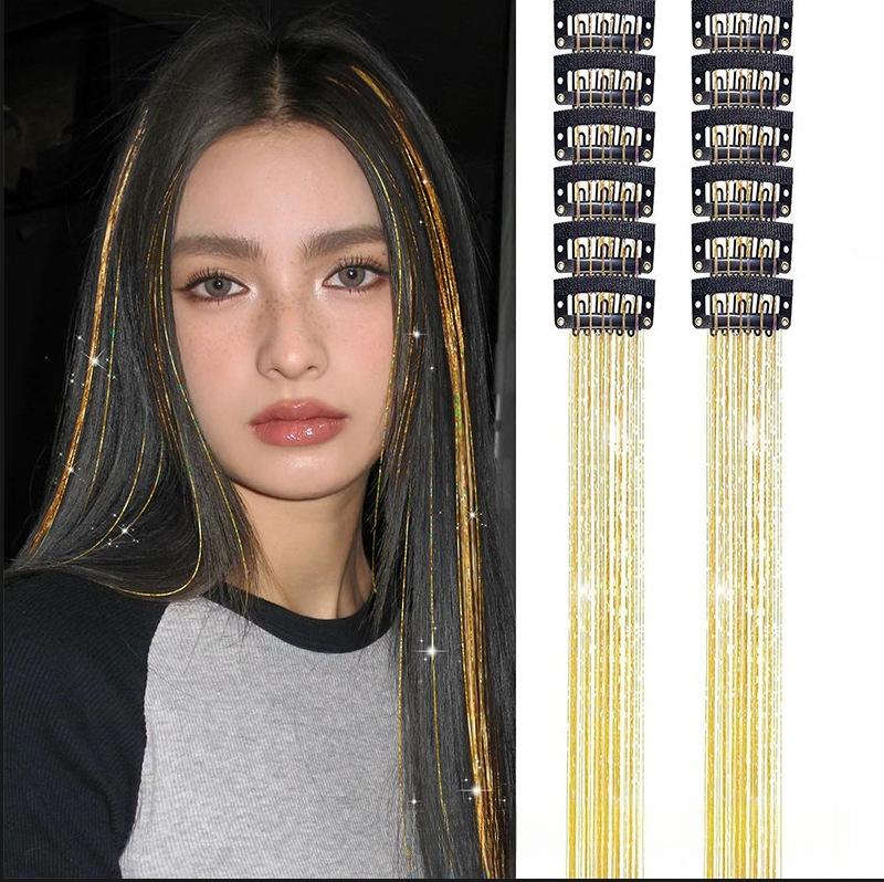 12 Pieces Laser Gold Hair Extensions 50cm , Metallic Rainbow Clip-in Hair Wefts, Shiny Synthetic Hair Strands for Party Festival