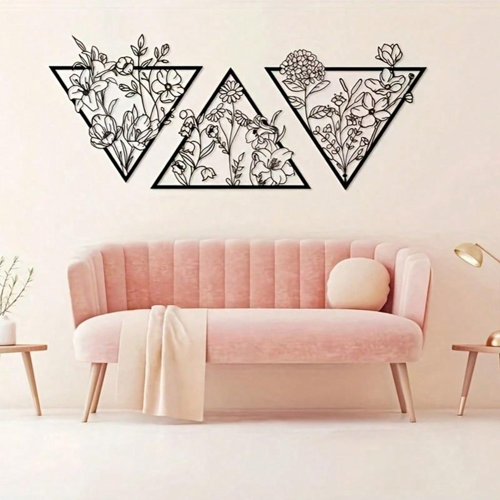 Set of 3 Floral Metal Wall Art Minimalist Home Decor Pictures