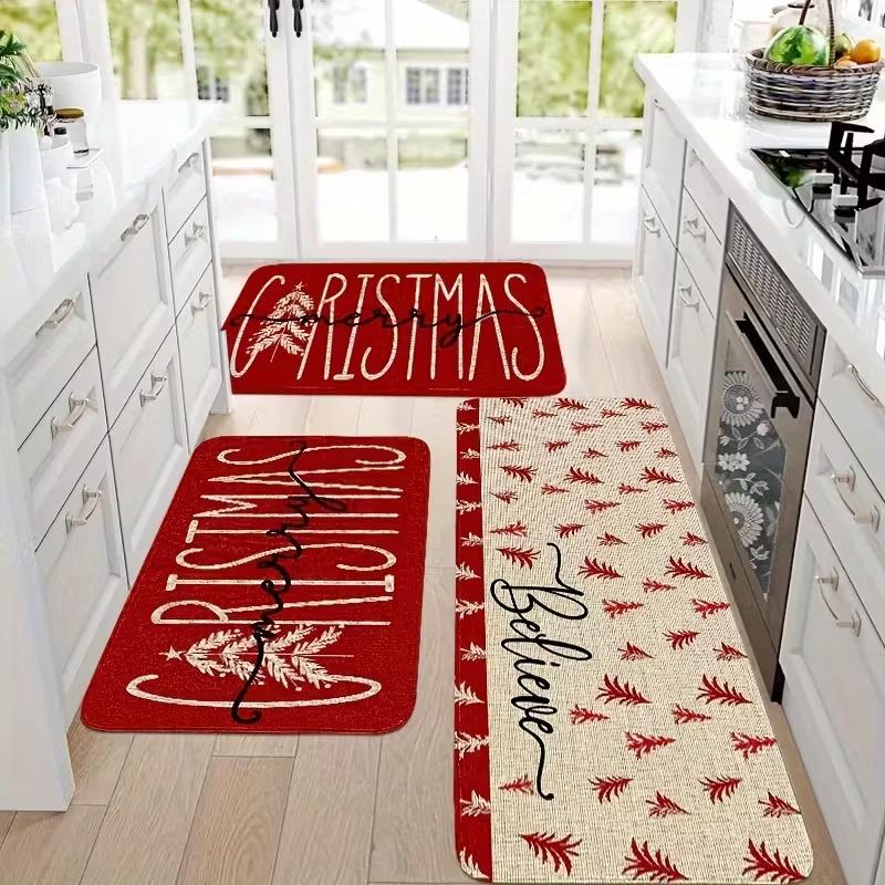 Vintage Puffy Christmas Tree Pattern Mat Non-slip Oil-proof Waterproof Floor Mat Dirt-resistant  Floor Mat for Kitchen Bathroom