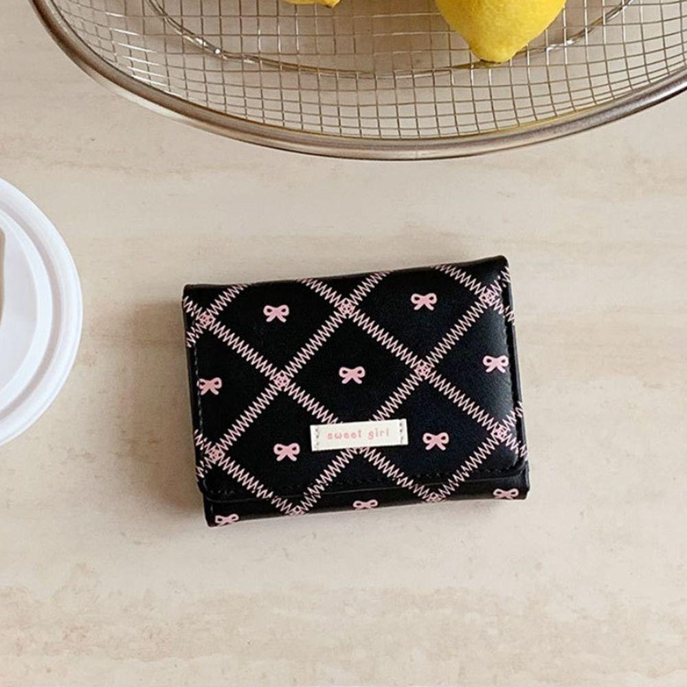 Portable Sweet Bow Wallet Three Fold Mini Cute Card Holder Coin Purse Flower Design Lightweight Leather Card Holder Girl