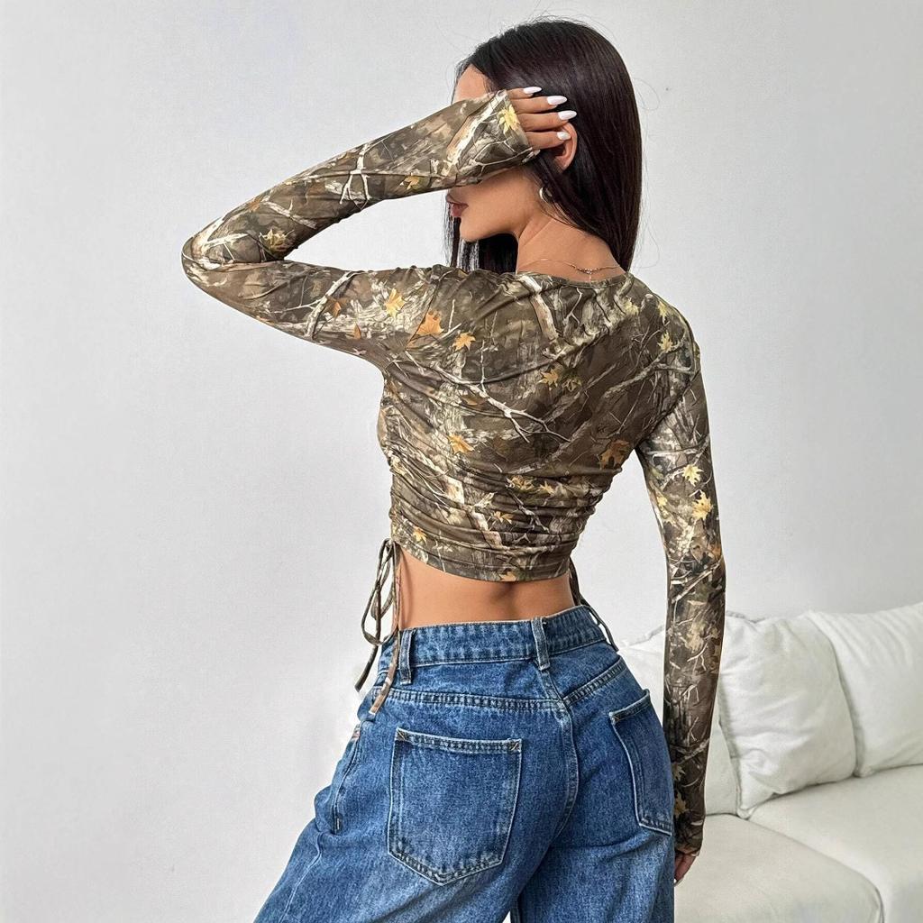 Frühlings Damen Mesh Baumzweig Druck Seitenkordelzug Slim Kurzarm T-Shirt Tops Damen Vielseitige Schrank-Essentials Modeartikel Shirt