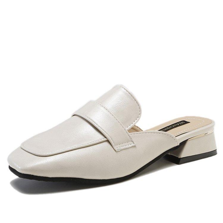 Half Slippers Women's 2025 Summer New Bag Head Leather Splicing Breathable Middle Heel Ladies Slippers Square Head