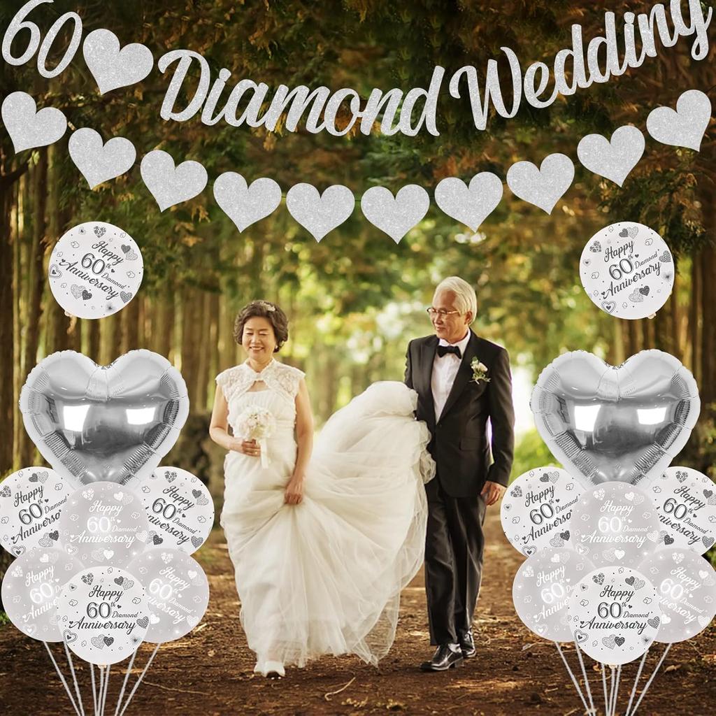 60th Diamond Wedding Anniversary Decorations, Glitter Banner, Cake Topper, Hanging Swirl, Silver Heart-shaped Love Foil Balloons, Party Festival