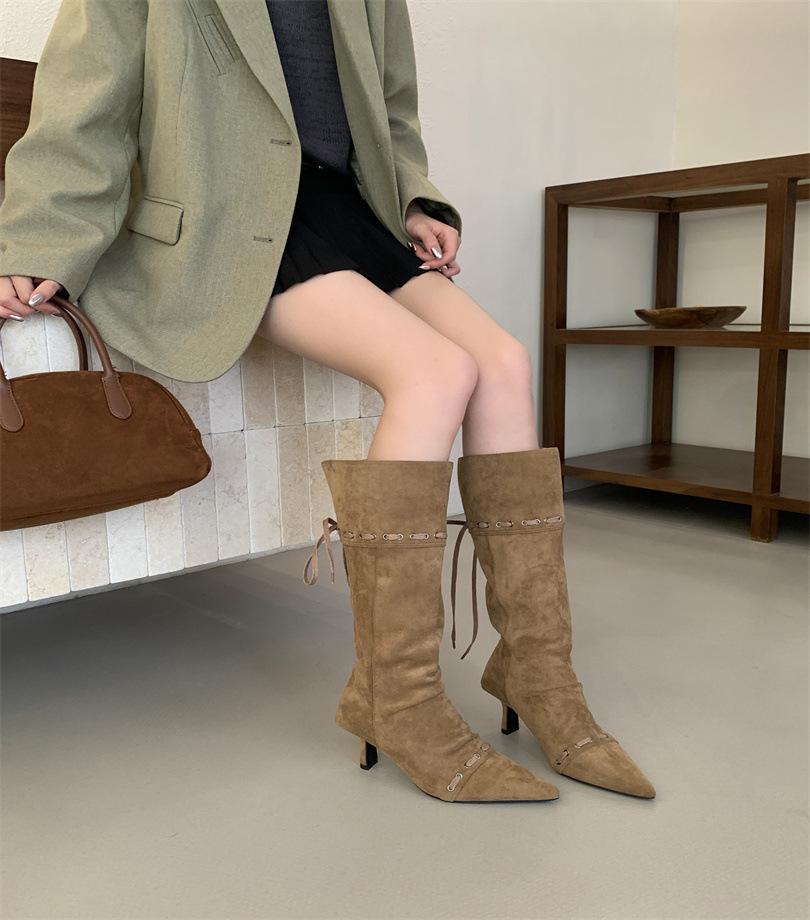 

Stacking pointed boots women s 2025 early autumn new flat bottom inner heightening stacking boots high boots 39 хаки