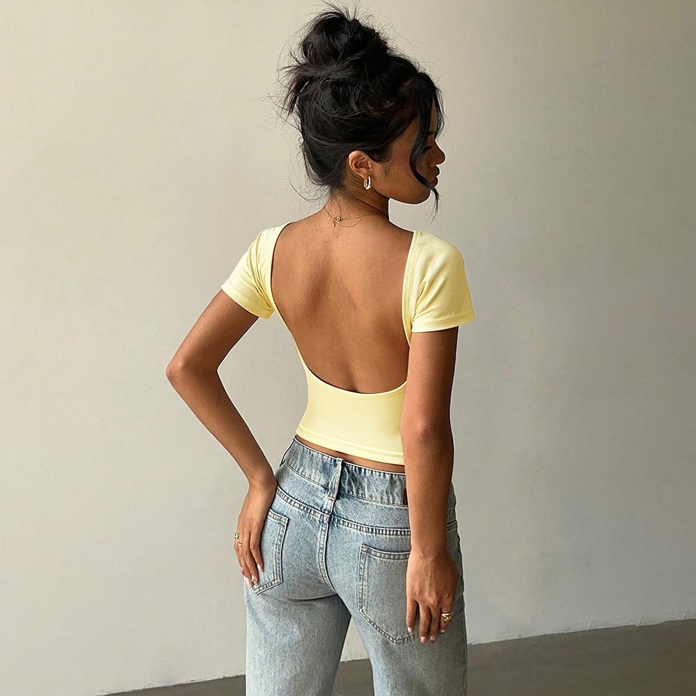 Slimming And Slimming Round Neck Backless Short Sleeved T-shirt For Women's Summer New Solid Color Versatile Top