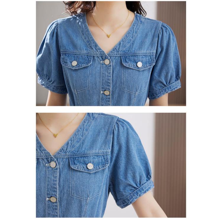 Summer Slim Denim Short Sleeve Dress Casual Waist Cinching Womens Outfit Lightweight Versatile Fashion