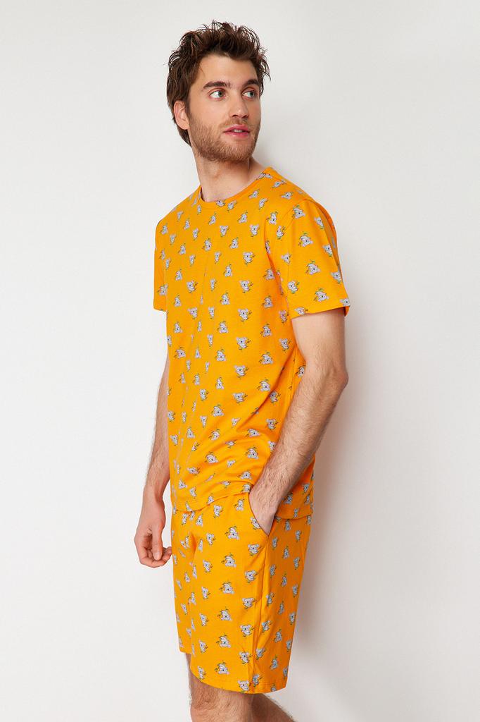 Modisches neues Pyjama-Set für Herren, orange, reguläre Passform, Strick-Pyjama-Set mit Koala-Aufdruck und Shorts