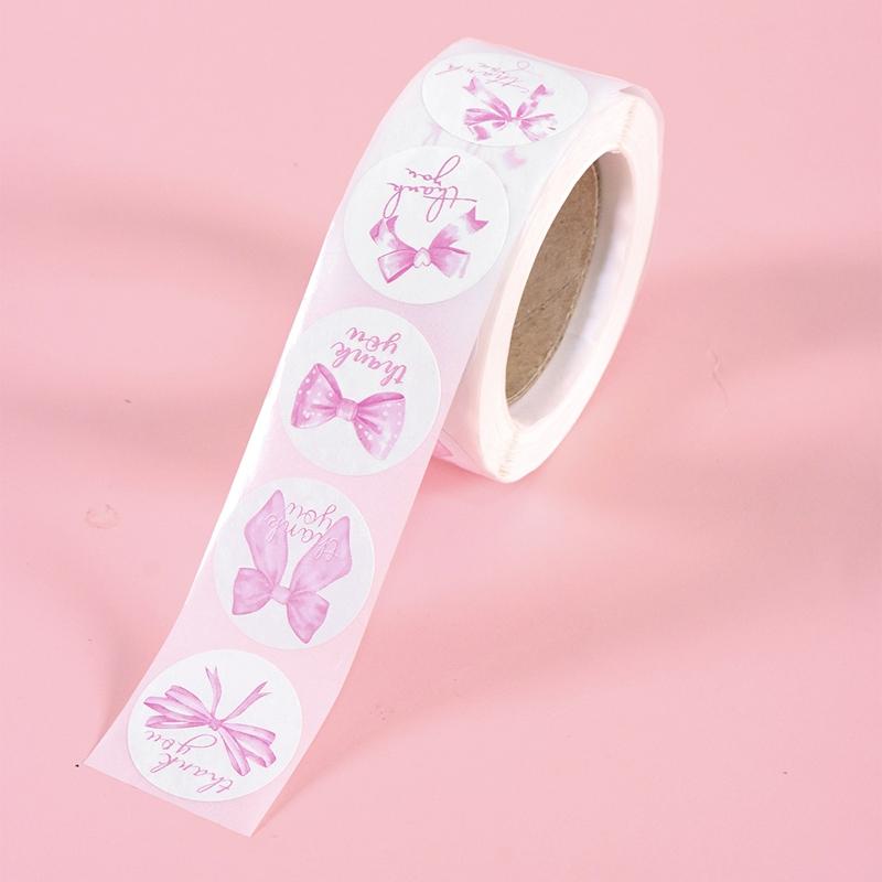 500pcs/roll Pink Bow Seal Stickers Gift Bag Candy Box Seal Lables Thank You Decals Bow Theme Birthday Party Decoration Stickers
