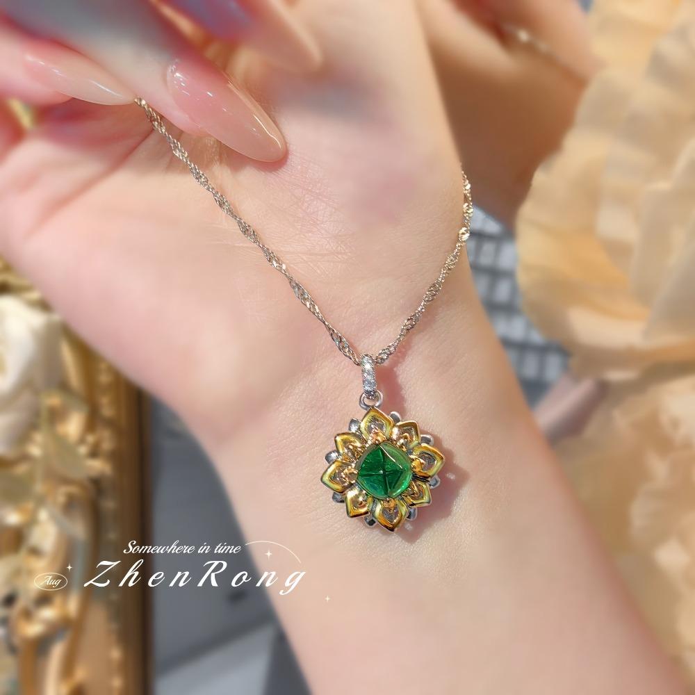 Vintage Women Jewelry Set Emerald Sugar Loaf Lotus Pendant Ring Earrings Green Gold Gemstone