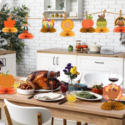 9 Stück Herbst Thanksgiving Waben Deko Papier Kürbis Ahornblatt Truthahn Tischdeko 3D Waben Stehend Tischaufsteller für Herbsternte Küche