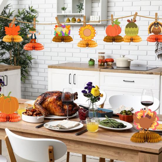 9 Pcs Fall Thanksgiving Honeycomb Decor Paper Pumpkin Maple Leaf Turkey Centerpiece 3D Honeycomb Standing Table Topper for Autumn Harvest Kitchen