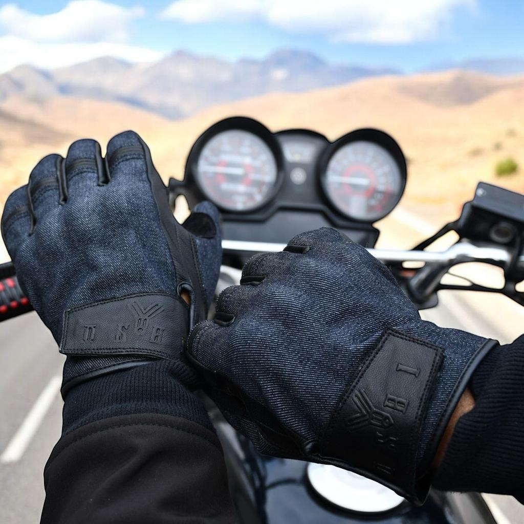 Stretch Denim and Goat Leather Biker Available In Three Colors and with Protective Touchscreen for Motorcycles and Cycling Gloves, (black, Tan,