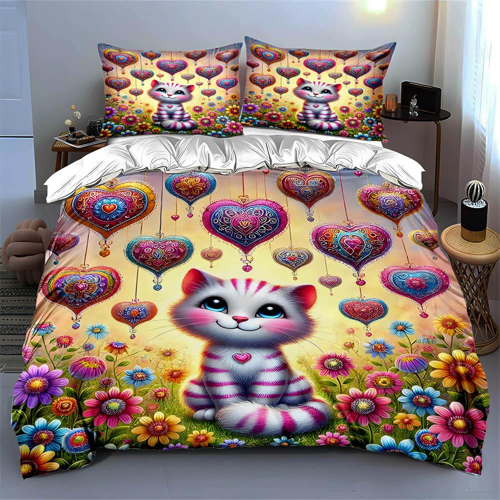 Cat, Hearts, Flowers Bedding Duvet Cover Sets Duvet Covers Pillowcases Gifts (1 * Duvet Cover 2 * Pillowcases, Without Duvet Insert)