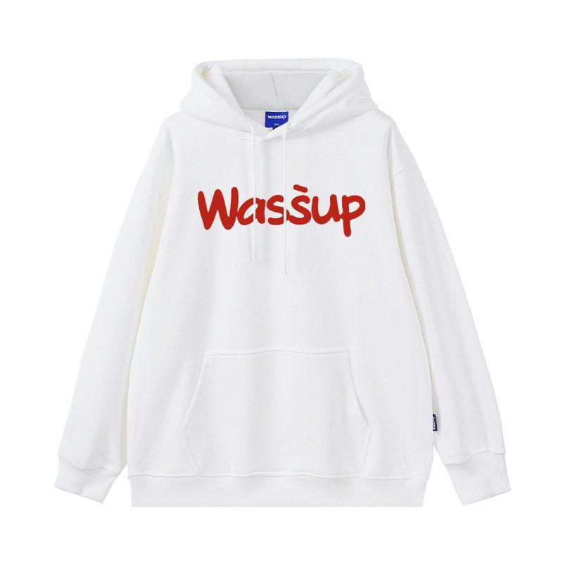 Wassup Trendy Brand Letter Sweatshirt for Men, Hooded, Loose, Casual, High Street Top, Jacket, Autumn and Winter, Fleece-Lined, Couple Style