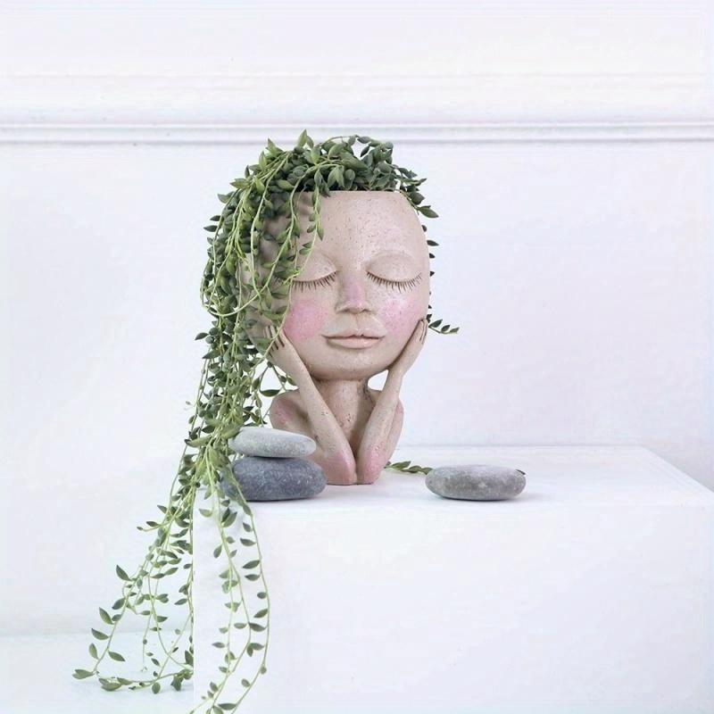 Face Flower Pot Head Planter Pot Succulent Planter Resin Decor W/ Drainage Hole