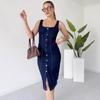 2025 Summer Elegant Square Neck Sleeveless Slit Denim Dress