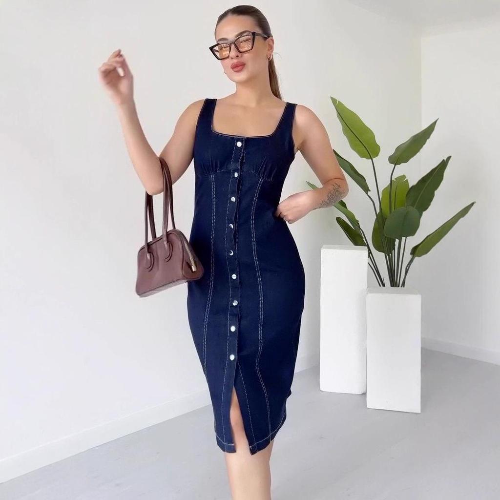 2025 Summer Elegant Square Neck Sleeveless Slit Denim Dress