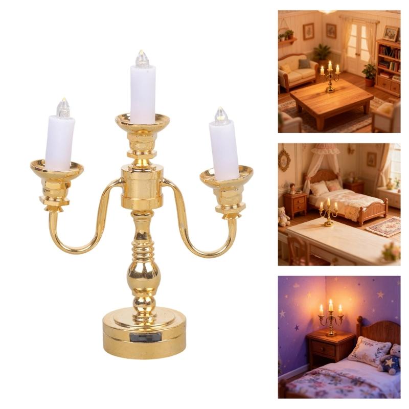 Antique 3 Arm Miniature Table Lamp Model Figurine for Doll House Living Room and Bedroom Decoration Scene Arrangement