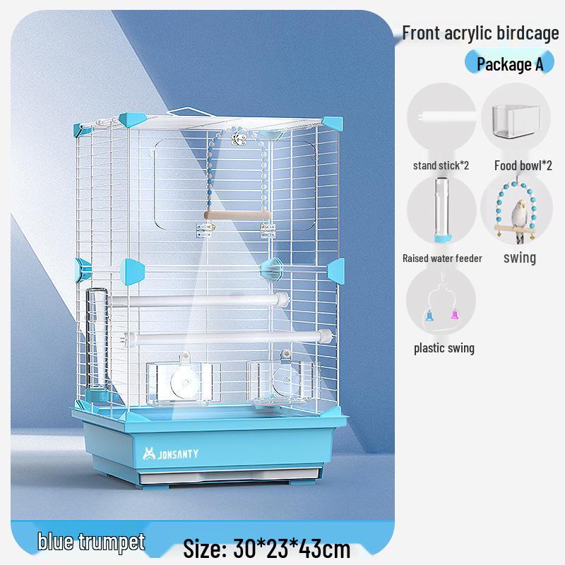 Großer Acryl-Vogelkäfig für Papageien, Nymphensittiche & Wellensittiche - Transparente Vorderseite mit Metallrahmen