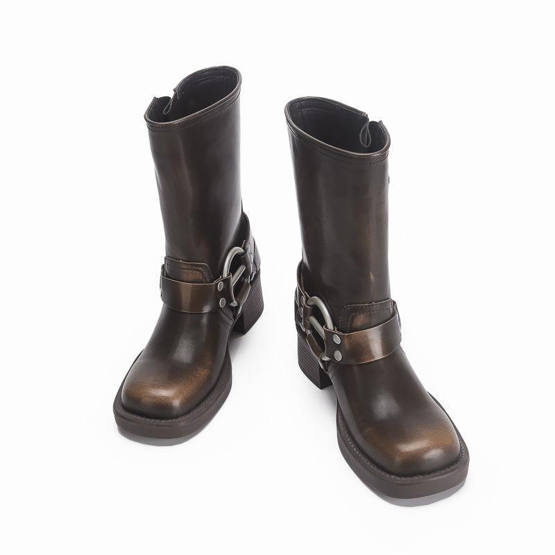 Polierte Retro-Western-Cowboystiefel Ritterstiefel dicker Absatz mittelhohe Zigarettenstiefel 2025 neue eckige Spitze Lokomotivstiefel