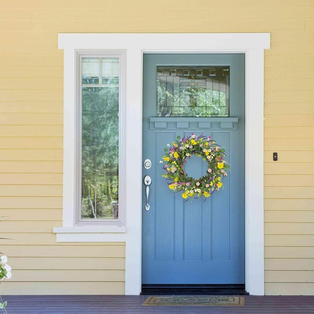 22 Inch Artificial Summer Wreath Daisy and Lavender Wreath with Wildflowers for Home Wall Farmhouse Springtime Easter Holiday Party