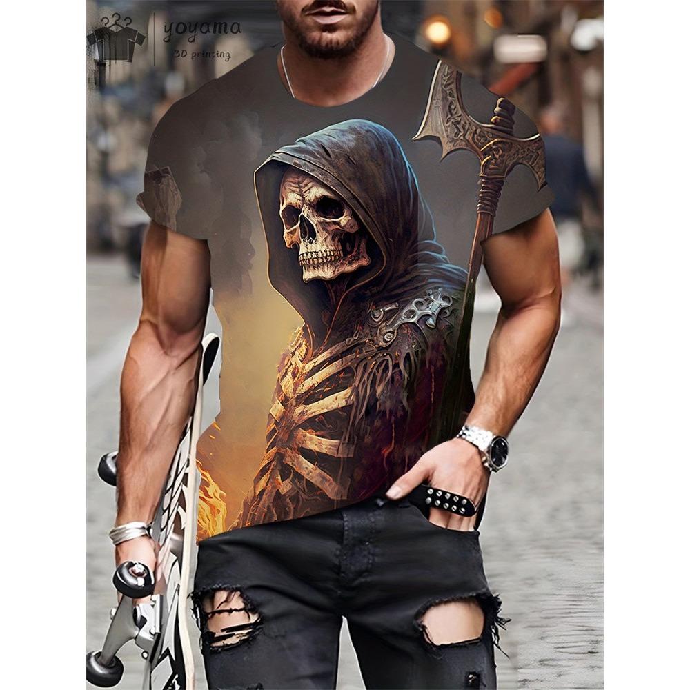 Skräckskalletryck för män T-shirt 3D-tryck Vintage o-halsad kortärmad mode överdimensionerade T-shirts Herr sommar streetkläder