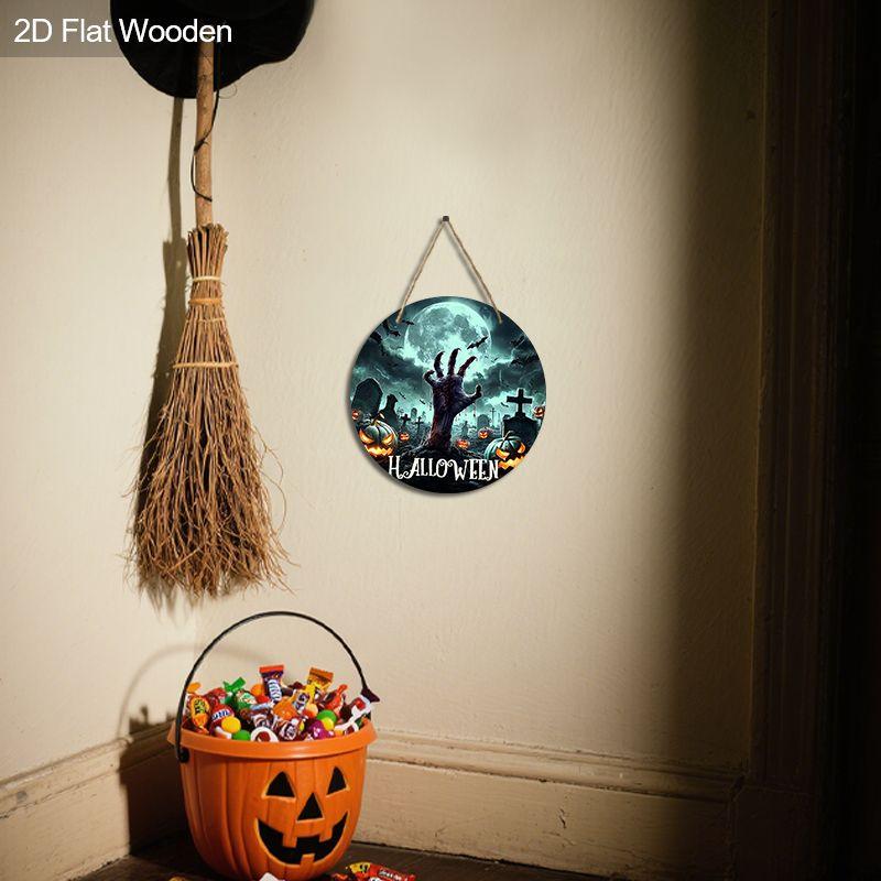 Halloween Zombie Hand Graveyard Round Wooden Hanging Sign, 2D Flat Printed Front Door Decor, Full Moon Bat Pumpkin Wall Ornament Gift