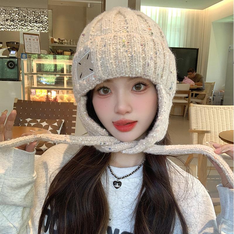 Cloth label wool hat women's winter thickened warm ear protection fashionable versatile cold-proof face small knitted hat