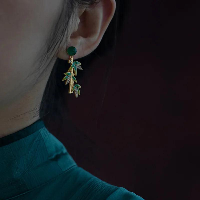 Exquisite Enamel Vintage Chinese Style Eardrop Natural Hetian Jade Green Bamboo Earrings for Women Leaves Hanfu Jewelry