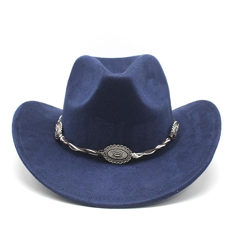 Semišový Upturned Edge Western Cowboy Klobouk Muži a ženy Outdoorový cestovní klobouk Rolled Brim Etnický styl Cylindr Plstěný klobouk