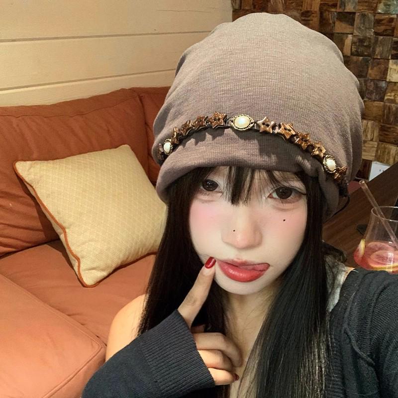 2025 Czapka typu slouchy w stylu koreańskim z koralikami: Damska prosta czapka beanie na wiosnę/jesień dla dużego obwodu głowy