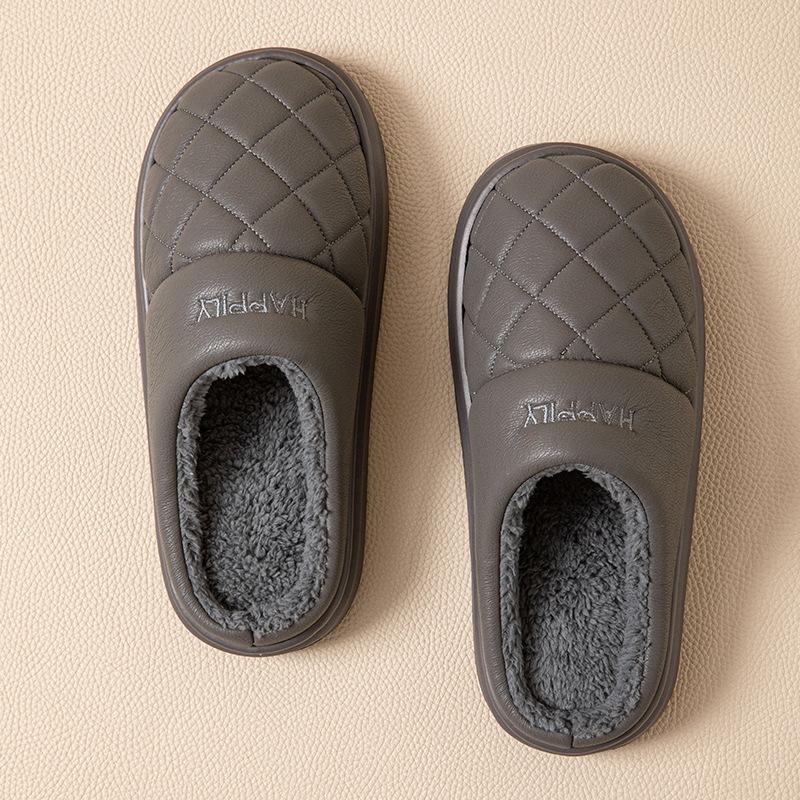 Warm waterproof cotton slippers men's winter PU leather indoor non-slip thick-bottomed velvet cotton slippers women