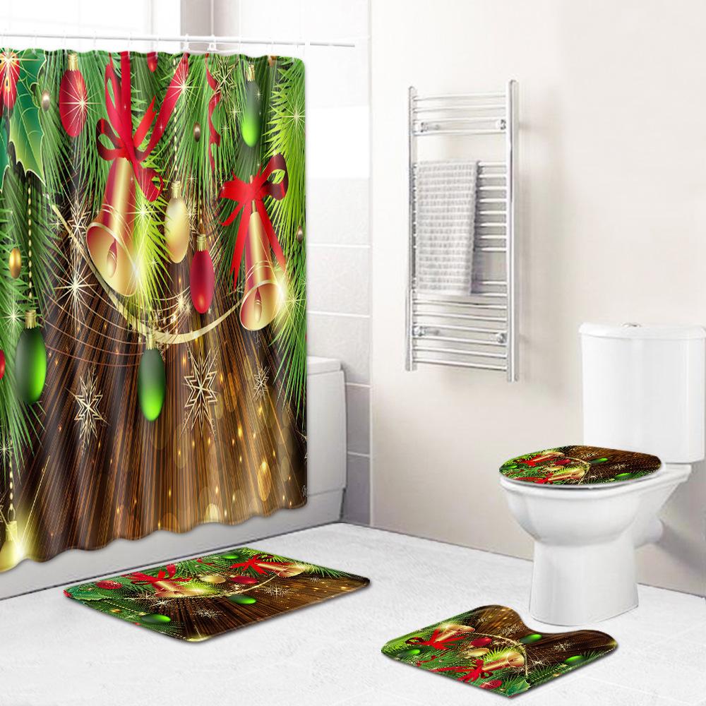 Christmas Printed Shower Curtain Floor Mat Four-Piece Bathroom Toilet Non-Slip Absorbent Carpet Toilet Non-Slip Door Mat